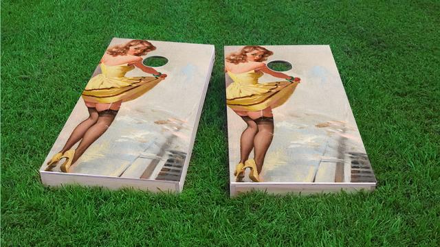 Yellow Pinup Girl Themed Custom Cornhole Board Design