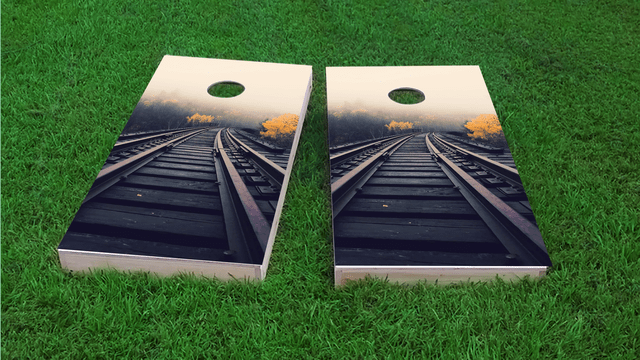 Train Tracks Themed Custom Cornhole Board Design