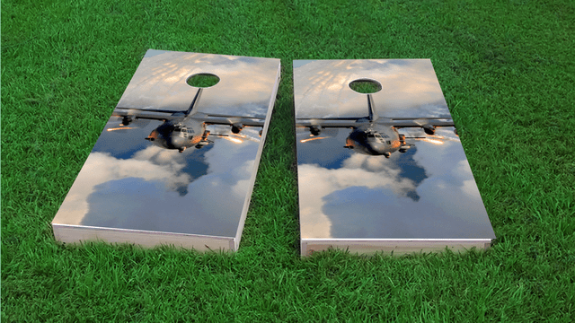 AC130 Flying Themed Custom Cornhole Board Design