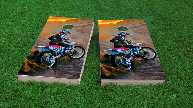 Riding Dirtbikes Themed Custom Cornhole Board Design