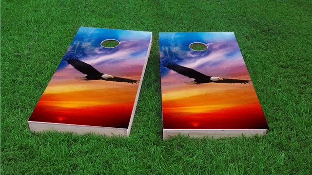 Flying Eagle in Sunset Themed Custom Cornhole Board Design