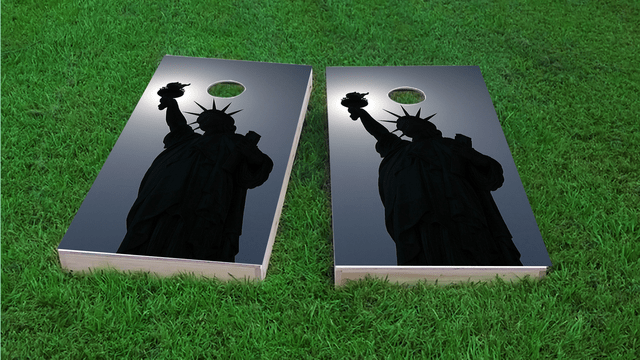 Lady Liberty in Moonlight Themed Custom Cornhole Board Design