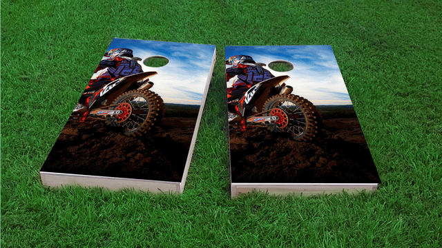 Moto Riding in Mud Themed Custom Cornhole Board Design