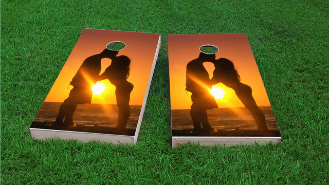 Romantic Sunset by the Sea Themed Custom Cornhole Board Design