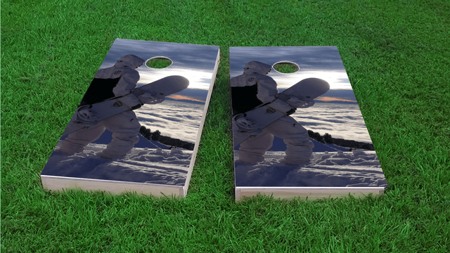 Snow Boarder in White Themed Custom Cornhole Board Design