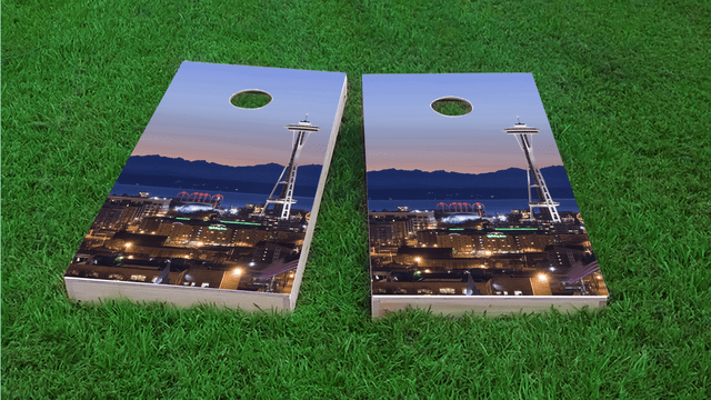 Seattle's Space Needle Themed Custom Cornhole Board Design