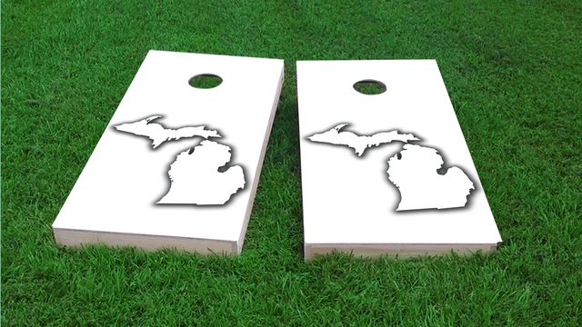 White Michigan Themed Custom Cornhole Board Design