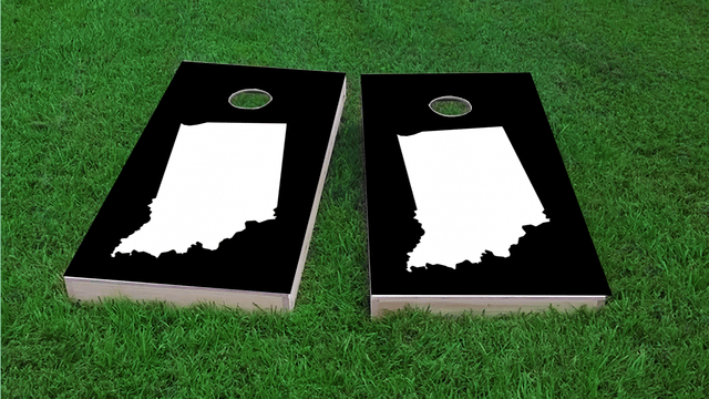 Black Indiana Themed Custom Cornhole Board Design