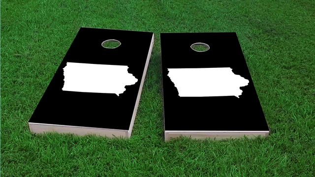 Black Iowa Themed Custom Cornhole Board Design