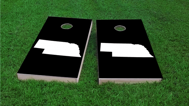 Black Nebraska Themed Custom Cornhole Board Design