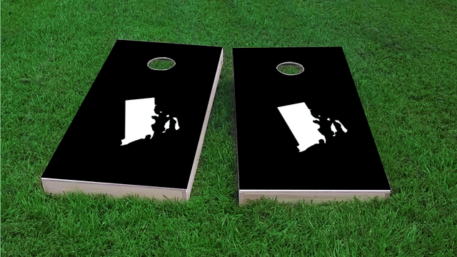 Black Rhode Island Themed Custom Cornhole Board Design