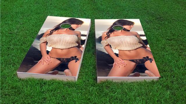 Beach Model in Sweater Themed Custom Cornhole Board Design