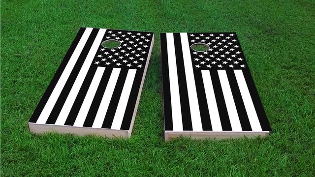 Black and White Flag Themed Custom Cornhole Board Design