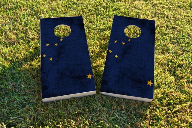 Worn State (Alaska) Flag Themed Custom Cornhole Board Design