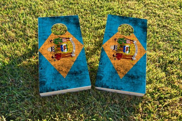 Worn State (Delaware) Flag Themed Custom Cornhole Board Design