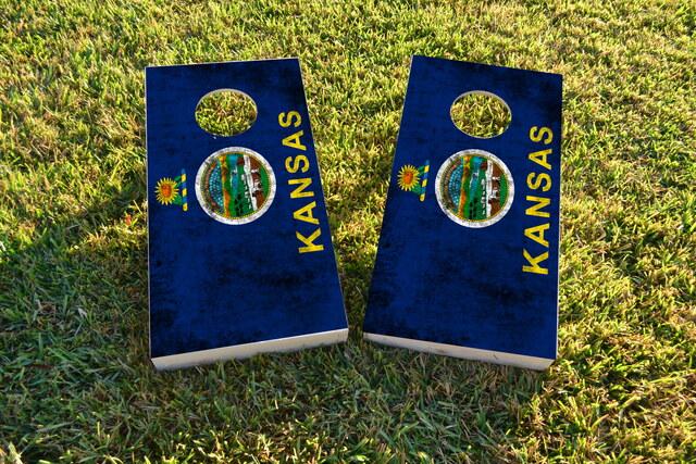 Worn State (Kansas) Flag Themed Custom Cornhole Board Design