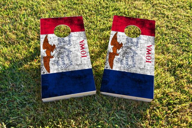 Worn State (Iowa) Flag Themed Custom Cornhole Board Design