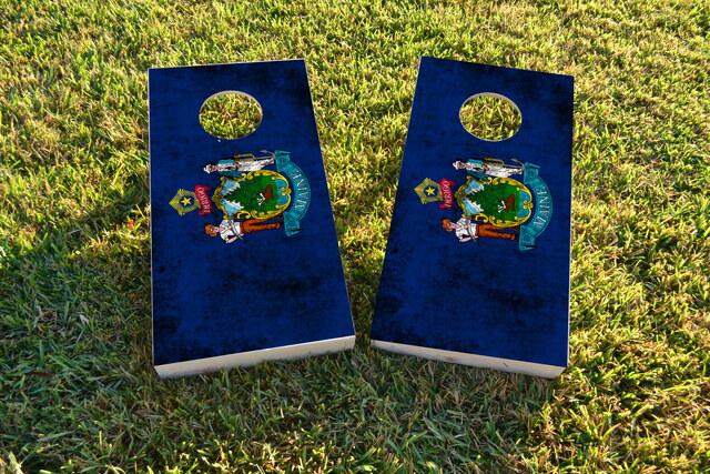 Worn State (Maine) Flag Themed Custom Cornhole Board Design