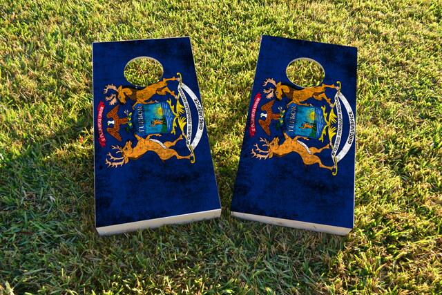 Worn State (Michigan) Flag Themed Custom Cornhole Board Design