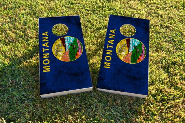 Worn State (Montana) Flag Themed Custom Cornhole Board Design