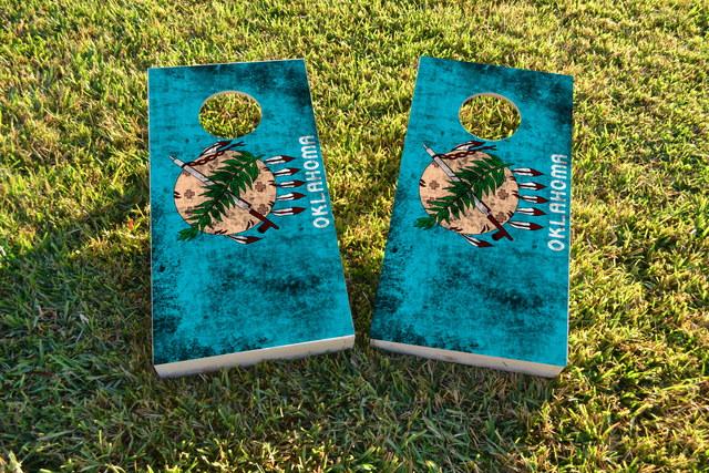 Worn State (Oklahoma) Flag Themed Custom Cornhole Board Design