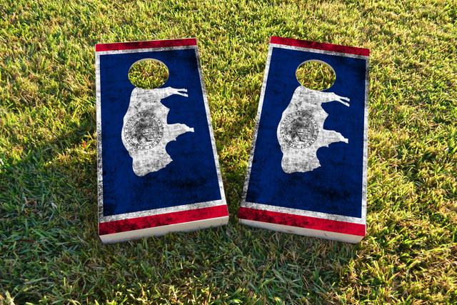 Worn State (Wyoming) Flag Themed Custom Cornhole Board Design