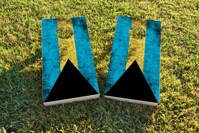 Worn National (Bahamas) Flag Themed Custom Cornhole Board Design