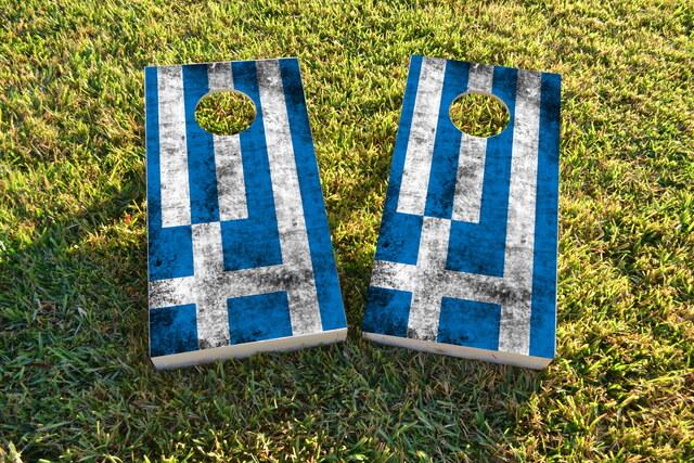 Worn National (Greece) Flag Themed Custom Cornhole Board Design