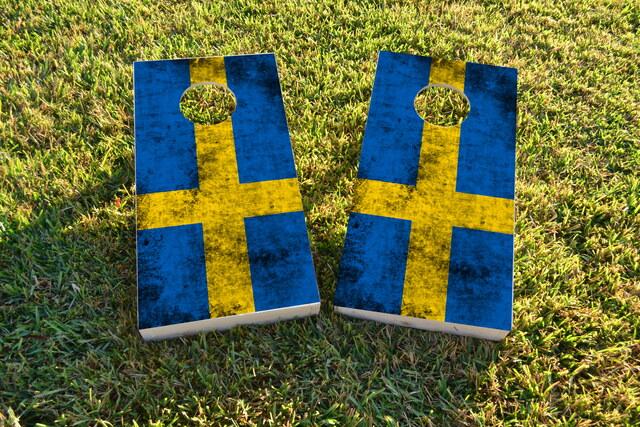 Worn National (Sweden) Flag Themed Custom Cornhole Board Design