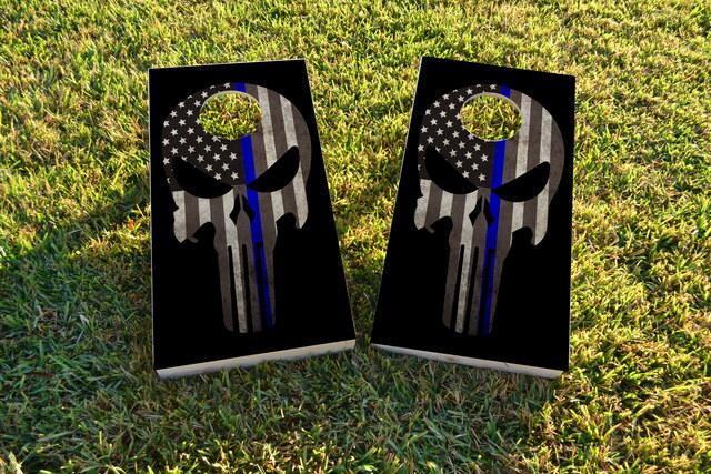 Blue Line Punisher Themed Custom Cornhole Board Design