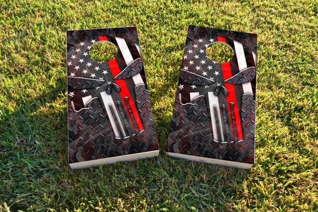 Punisher American Flag Thin Red Line Themed Custom Cornhole Board Design