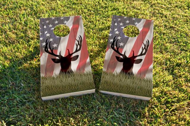 American Flag With Deer Faded Themed Custom Cornhole Board Design