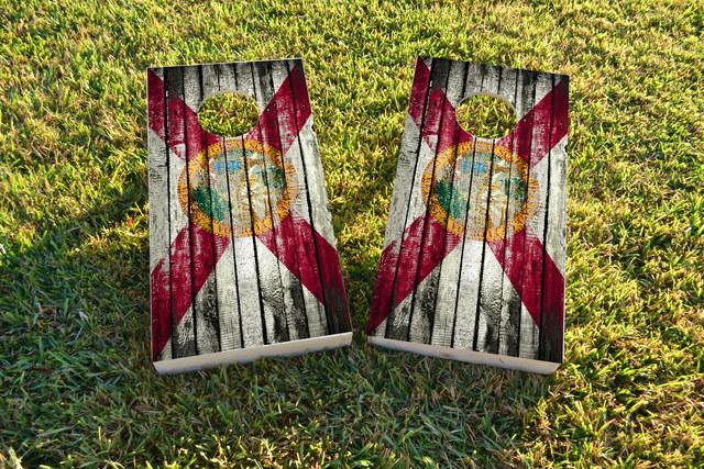 Distressed Wood Flag (Florida) Themed Custom Cornhole Board Design