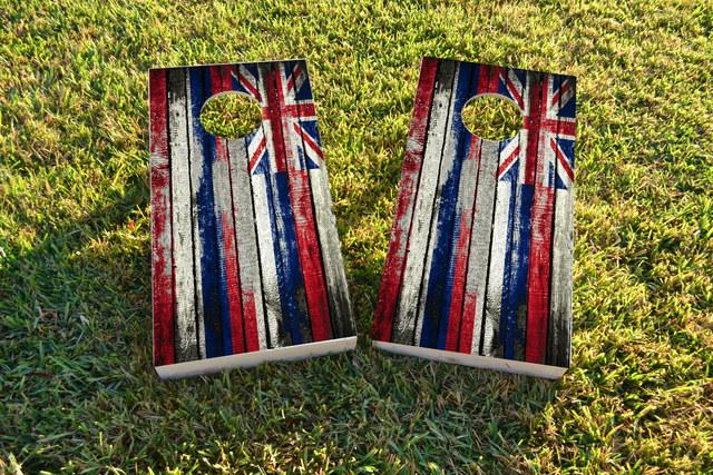 Distressed Wood Flag (Hawaii) Themed Custom Cornhole Board Design