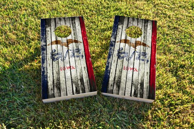 Distressed Wood Flag (Iowa) Themed Custom Cornhole Board Design