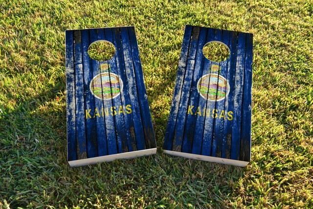 Distressed Wood Flag (Kansas) Themed Custom Cornhole Board Design