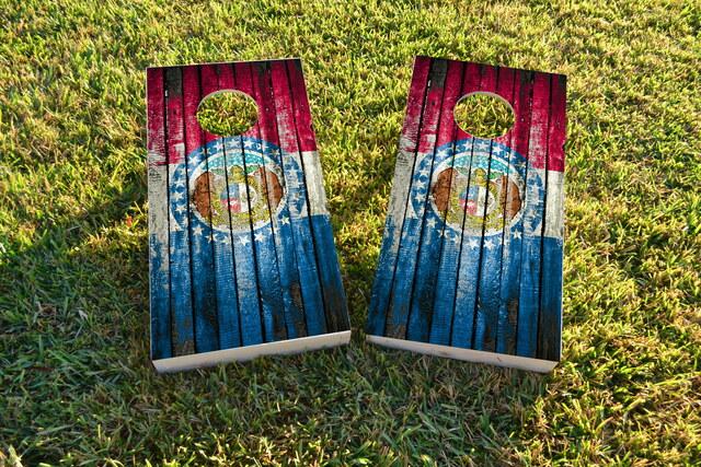 Distressed Wood Flag (Missouri) Themed Custom Cornhole Board Design