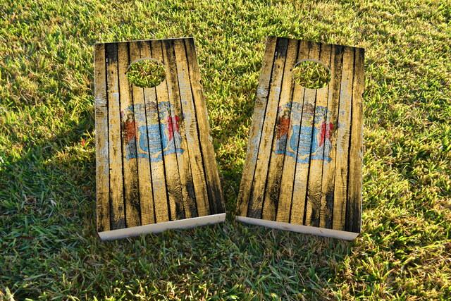 Distressed Wood Flag (New Jersey) Themed Custom Cornhole Board Design