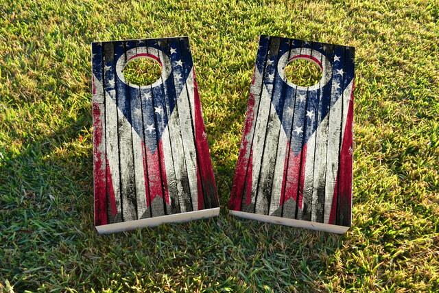 Distressed Wood Flag (Ohio) Themed Custom Cornhole Board Design