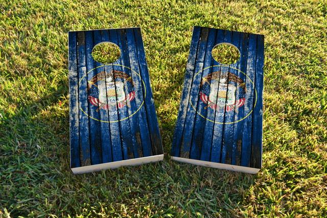 Distressed Wood Flag (Utah) Themed Custom Cornhole Board Design