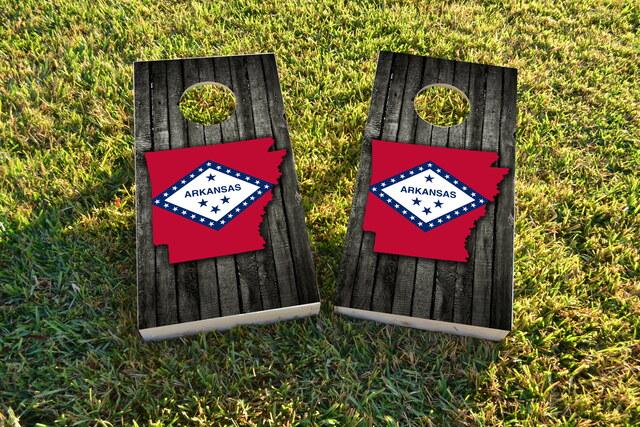 Wood Slate State Flag & Map (Arkansas) Themed Custom Cornhole Board Design