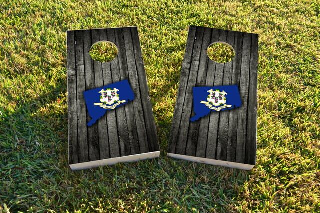 Wood Slate State Flag & Map (Connecticut) Themed Custom Cornhole Board Design