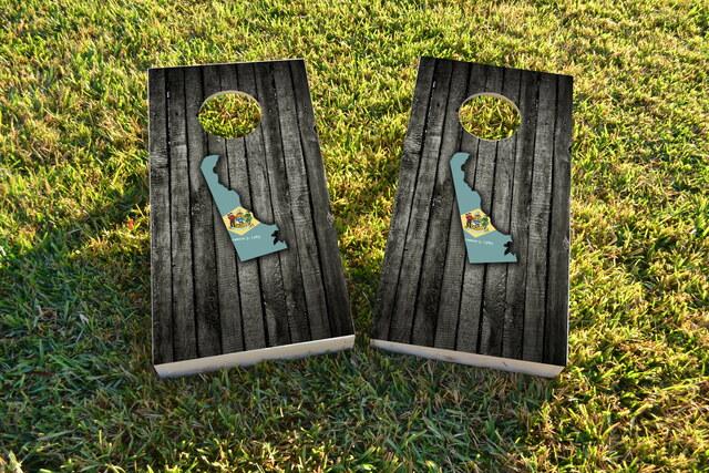 Wood Slate State Flag & Map (Delaware) Themed Custom Cornhole Board Design