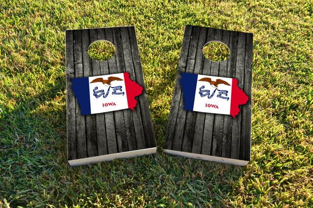 Wood Slate State Flag & Map (Iowa) Themed Custom Cornhole Board Design