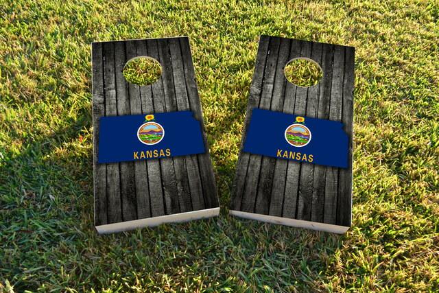 Wood Slate State Flag & Map (Kansas) Themed Custom Cornhole Board Design