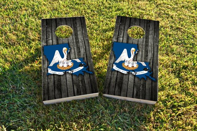 Wood Slate State Flag & Map (Louisiana) Themed Custom Cornhole Board Design