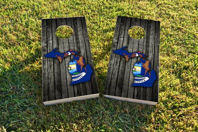 Wood Slate State Flag & Map (Michigan) Themed Custom Cornhole Board Design