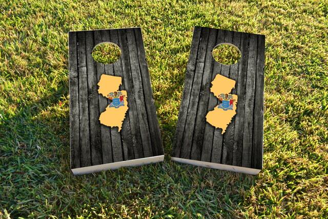 Wood Slate State Flag & Map (New Jersey) Themed Custom Cornhole Board Design