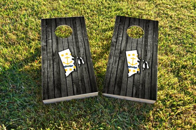 Wood Slate State Flag & Map (Rhode Island) Themed Custom Cornhole Board Design