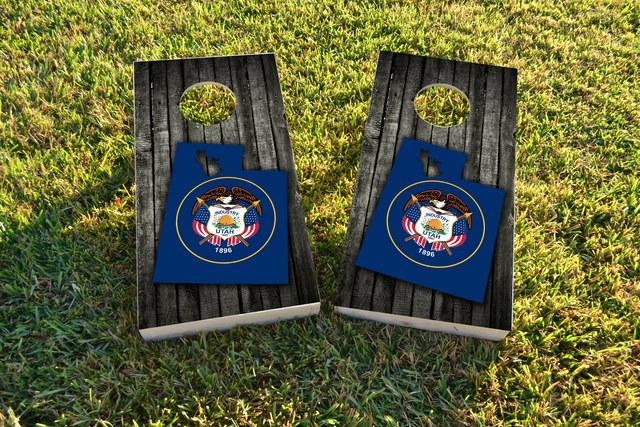 Wood Slate State Flag & Map (Utah) Themed Custom Cornhole Board Design